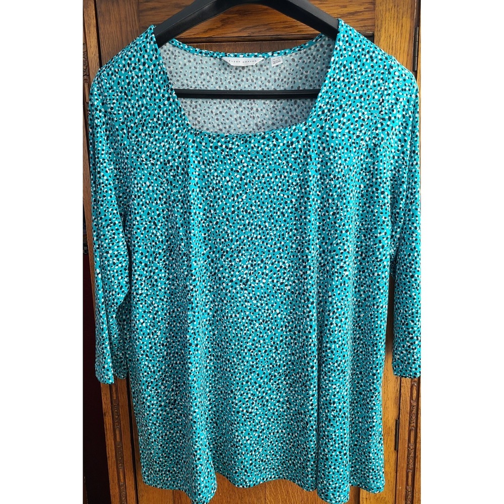 Susan Graver Micro Dot Patterned Stretch Tunic Top 3/4 Sleeve XL Artsy Teal